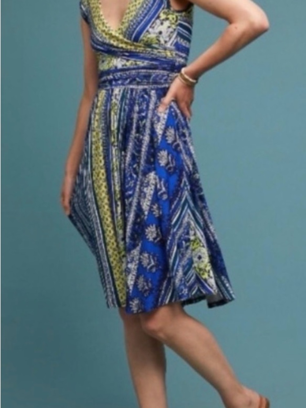 Maeve by Anthropologie Blue & Yellow Patterned Tamera Surplice Wrap Dress-large